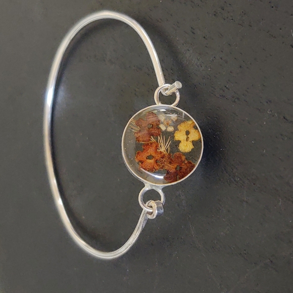 Vintage Jewelry - 925 Sterling Silver Pressed Flowers Cuff Bracelet Vintage